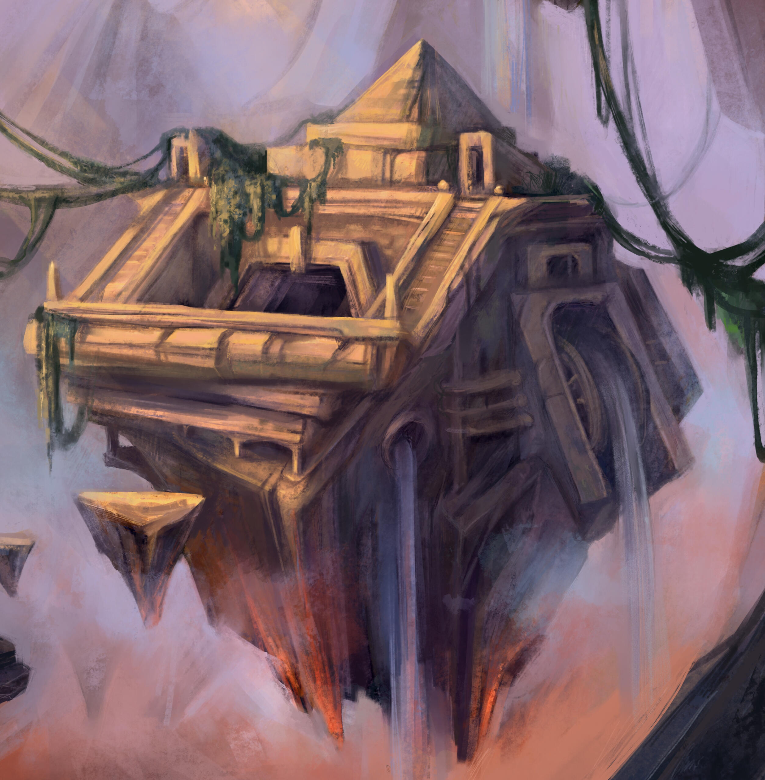 Purgatory floating ancient ruins overgrown temple ziggurat